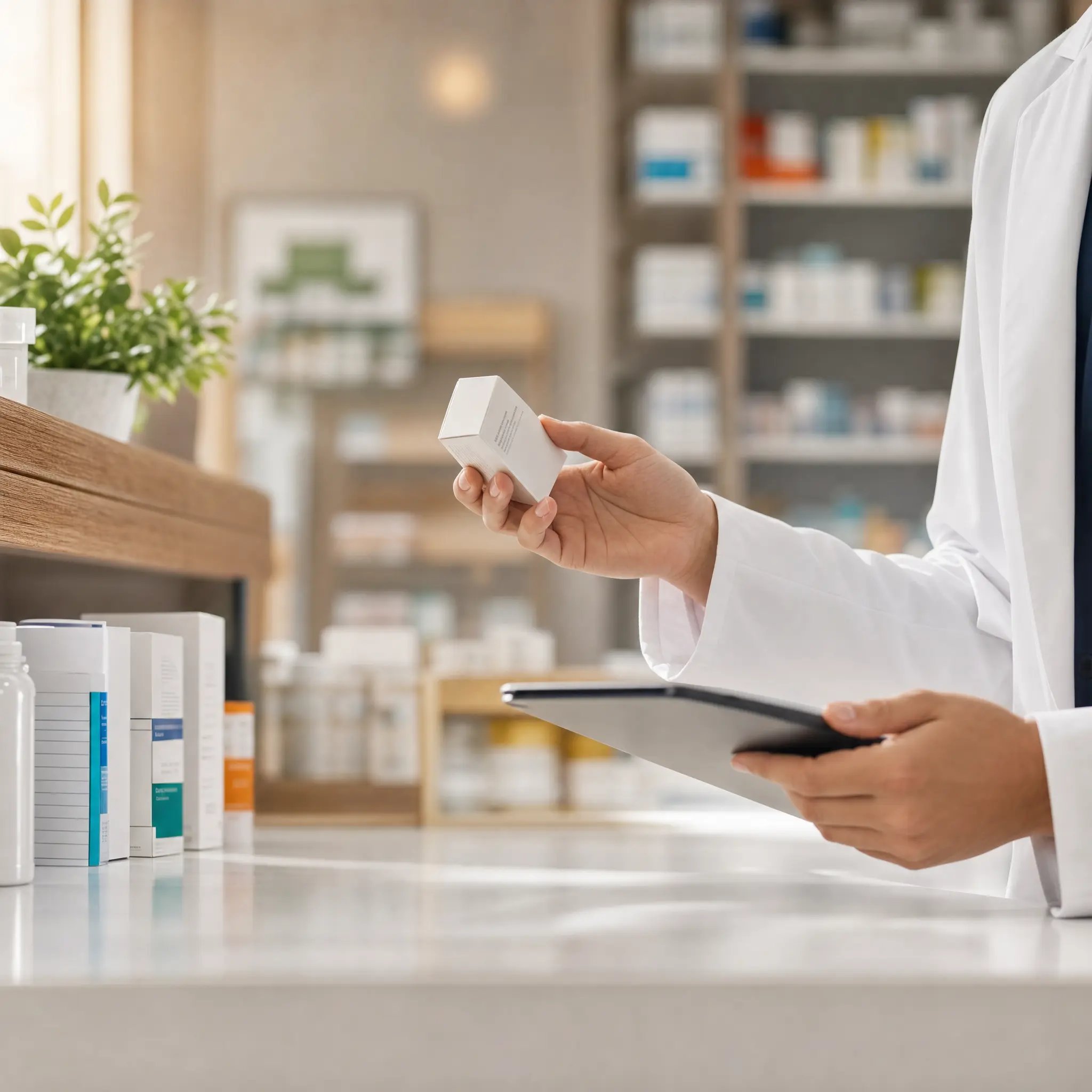 Pharmacist checking medication packaging in a modern pharmacy
