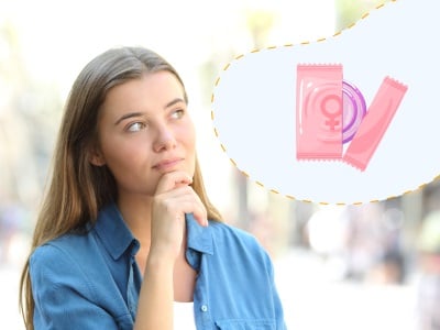 Eine junge Frau &uuml;berlegt, ob sie ein Frauenkondom benutzen m&ouml;chte.