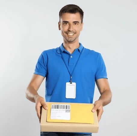 A smiling courier delivering medication