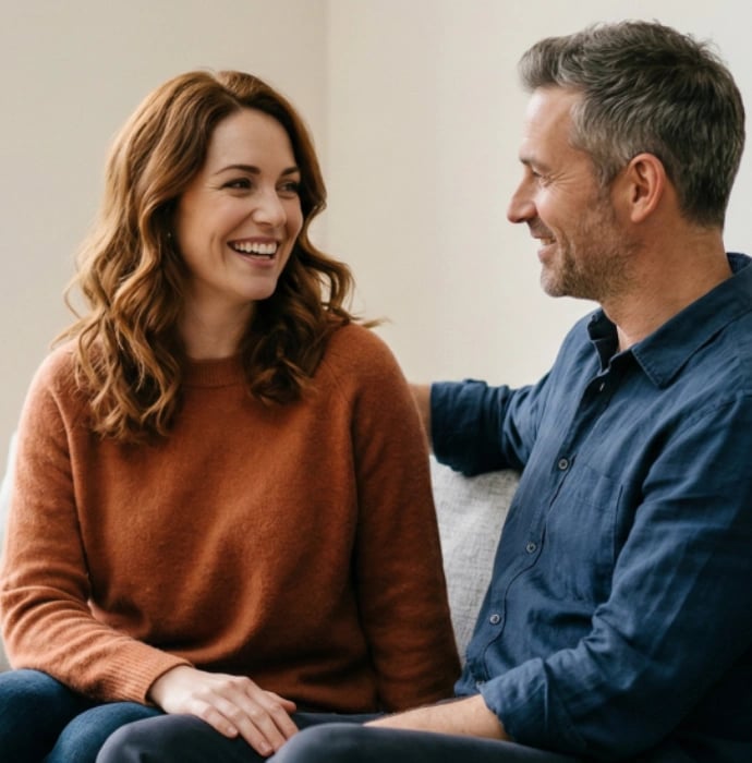 A man and woman smiling while sitting on a couch